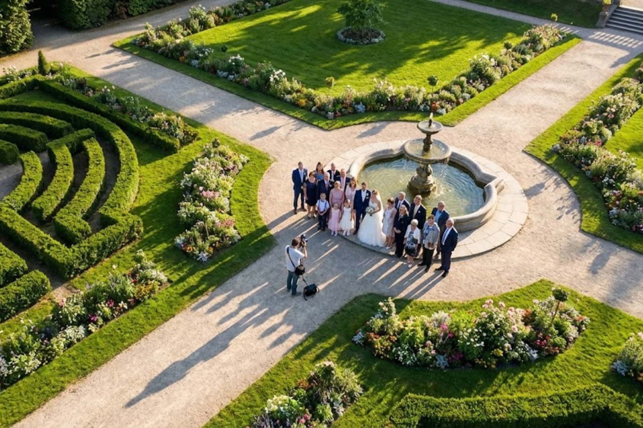 A professional photographer capturing post-ceremony family wedding photos in front of a botanical garden water fountain in Central Victoria.