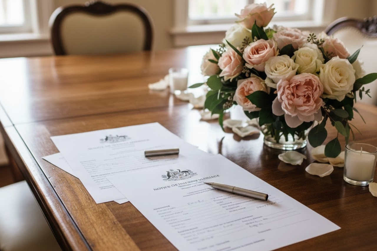 Official Notice of Intended Marriage paperwork resting on a dining table with flowers and a candle, showcasing meticulous legal preparation.