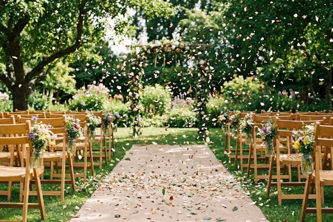 A beautifully prepared outdoor wedding ceremony area with vacant seats and floating rose petals, ready for guests to arrive in Daylesford.