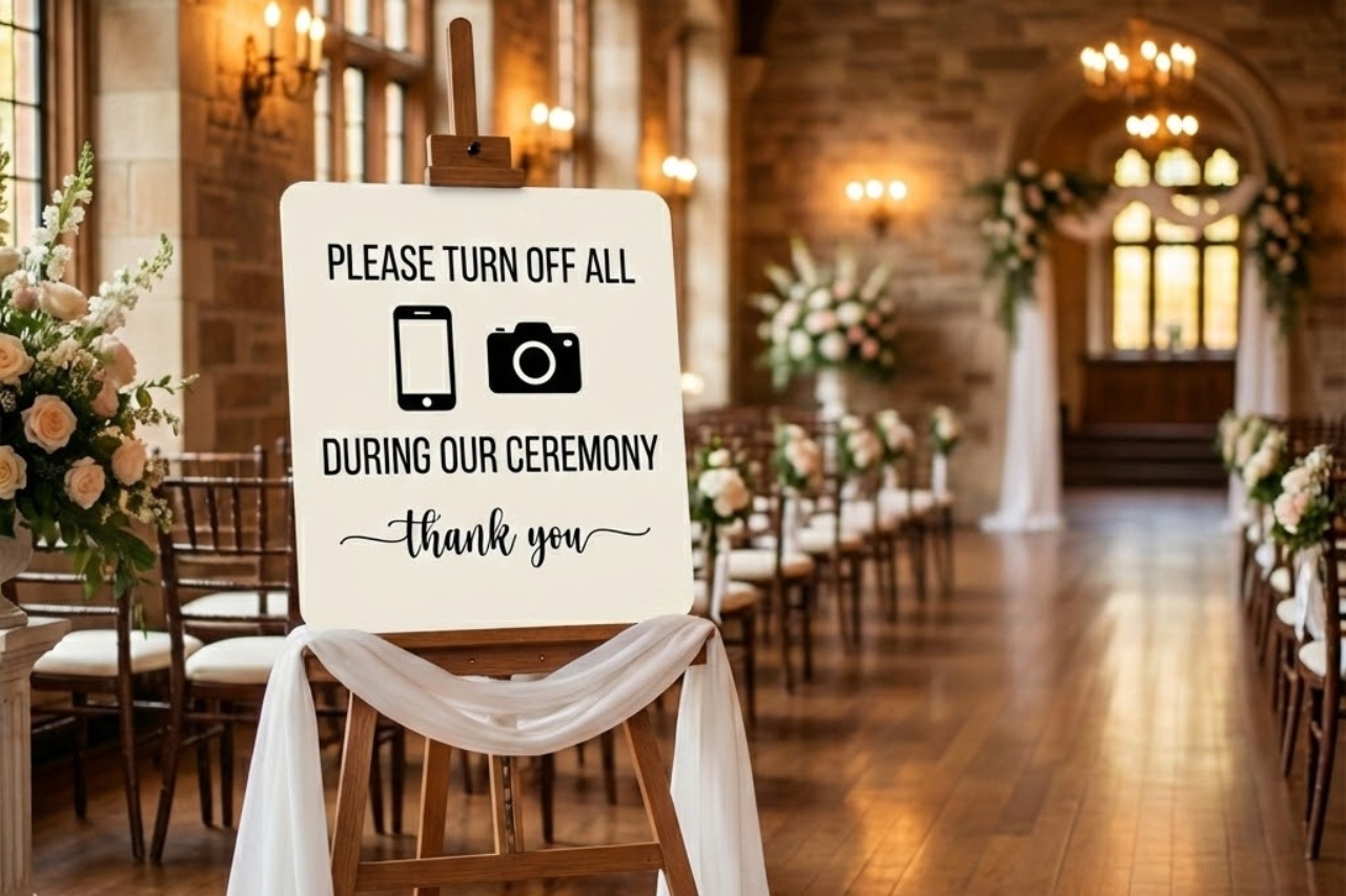 An unplugged wedding sign on an easel at the entrance of a beautifully prepared ceremony venue in Echuca, requesting guests turn off their phones.